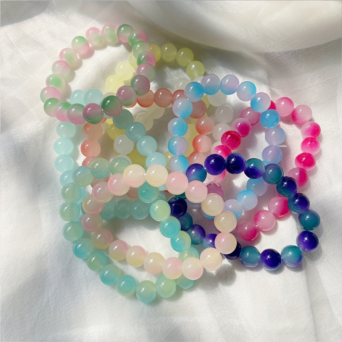 3pcs Pastel Glass Beaded Bracelets Bohemian Style Elastic & Colorful Gift